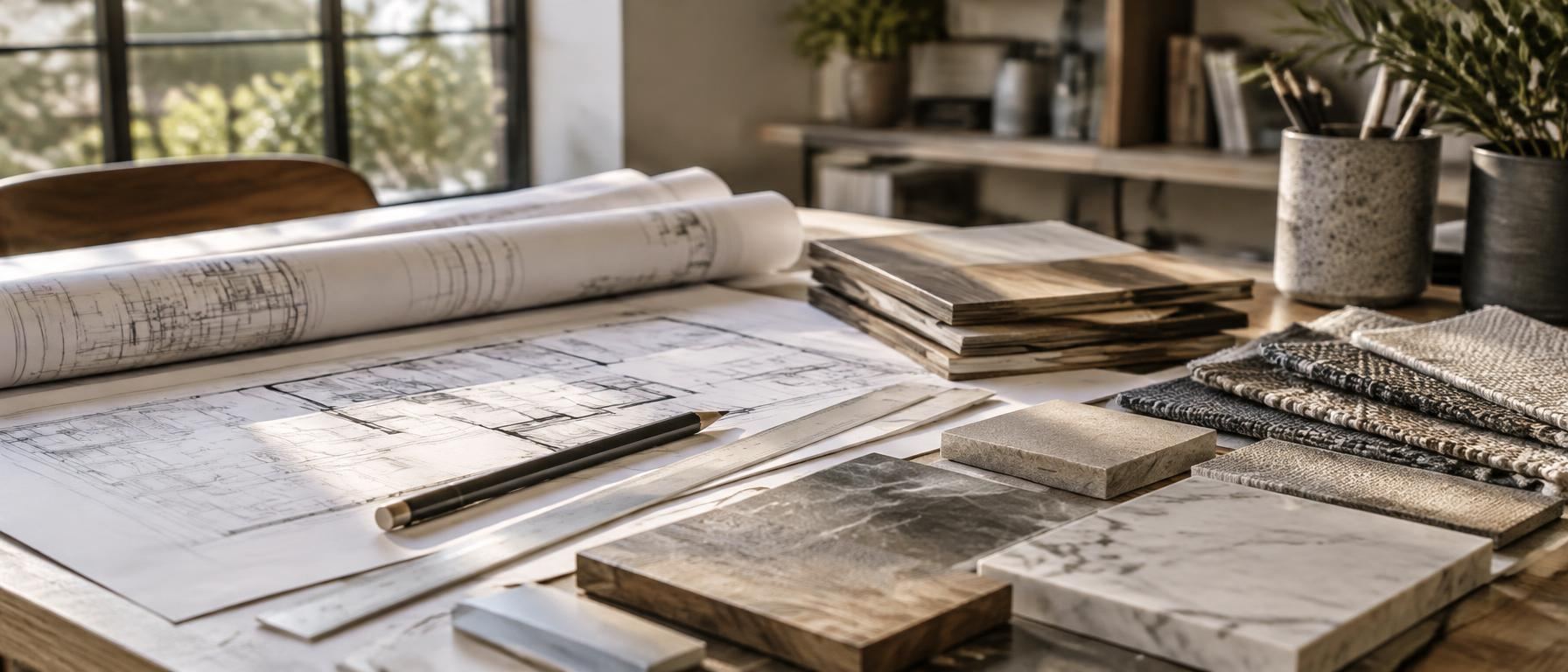 House plans, a scale ruler, and stone, wood, and fabric samples on a design table