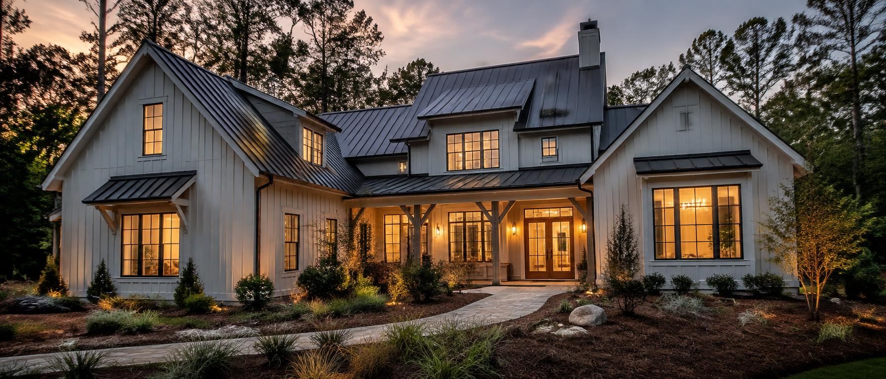 Newly built board-and-batten custom home with glowing windows on a wooded lot at dusk