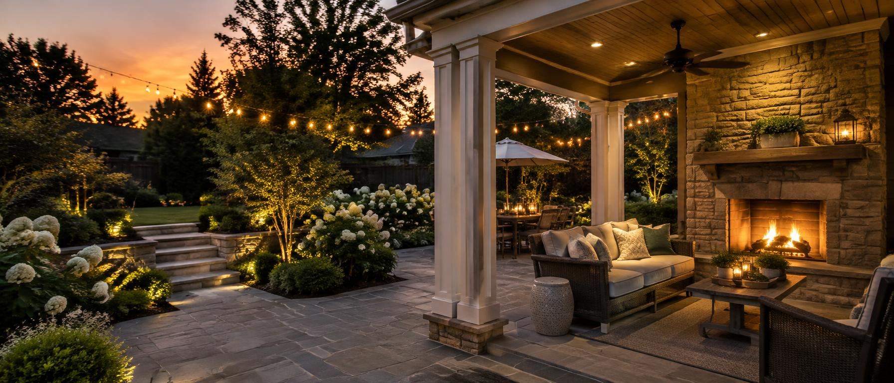 Covered porch with a stone fireplace and outdoor sofa beside a lit garden patio