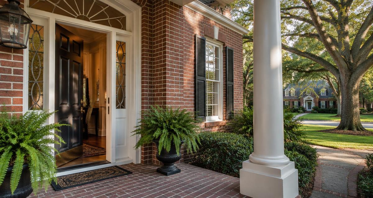Open front door on a brick porch with ferns under mature oaks on a residential street
