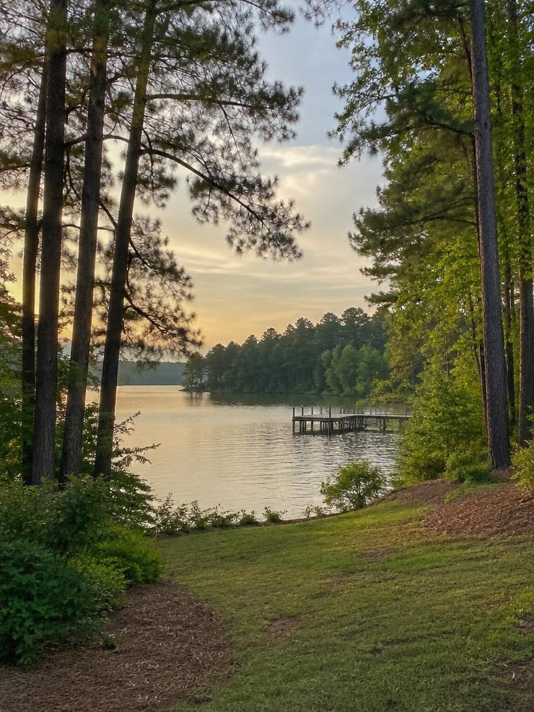 Pine-framed lake cove with a wooden dock at evening