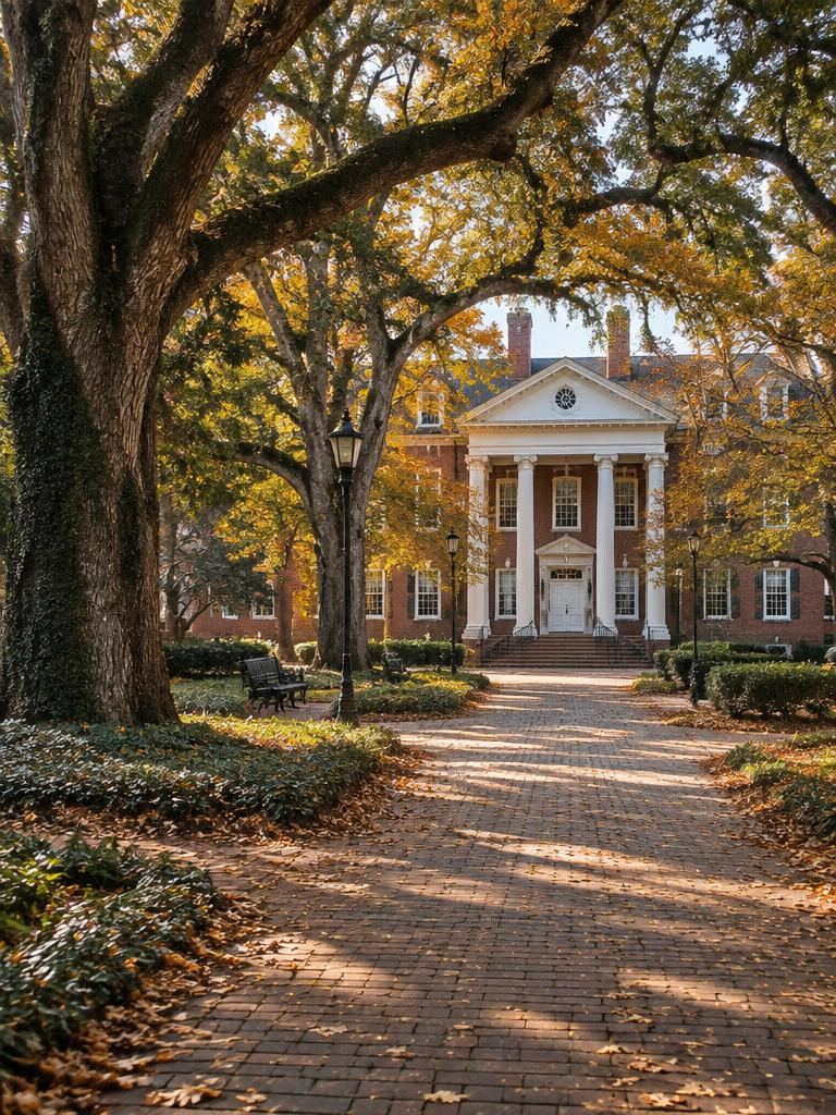 Brick walkway under oaks leading to a columned red brick college hall