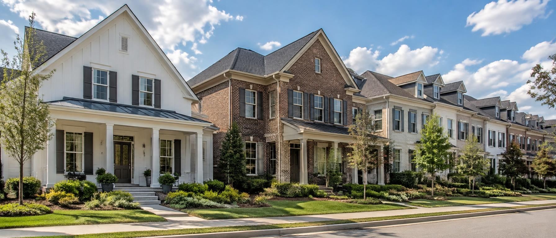 A farmhouse-style home, a brick traditional home, and townhomes on one street