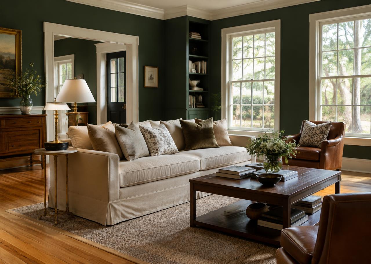 Green-walled living room in an older home with layered furnishings