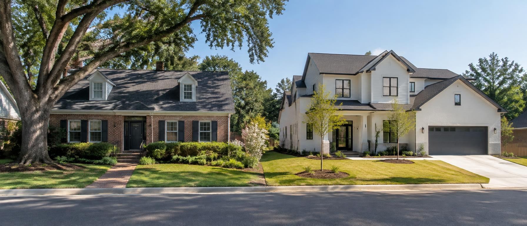 An established brick home under a mature oak beside a newly built house