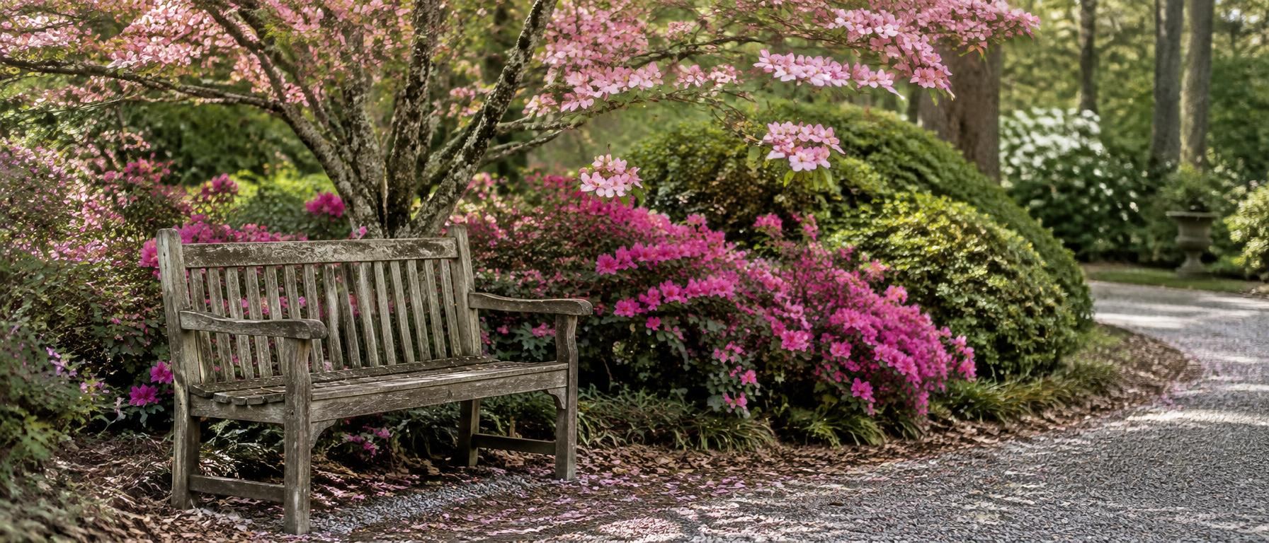 Weathered garden bench beneath a pink dogwood and blooming azaleas