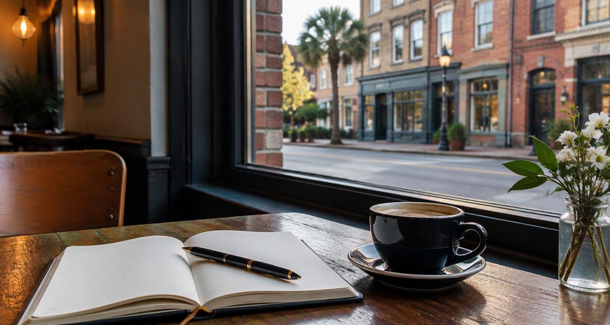 Open notebook and coffee on a café table by a window facing historic brick storefronts