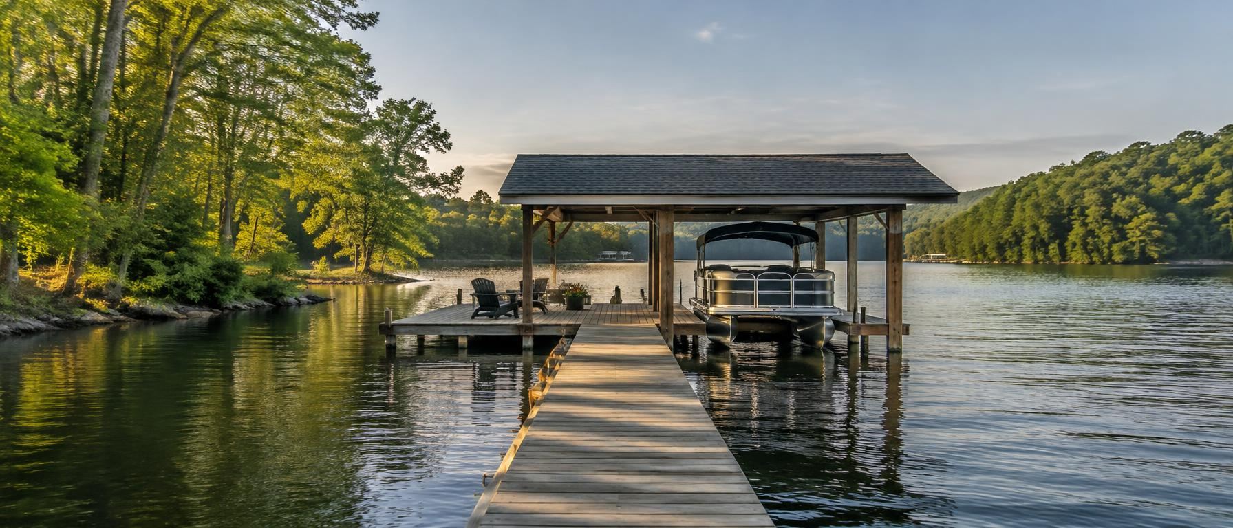 Long wooden walkway to a covered boat slip with a pontoon boat on a calm lake