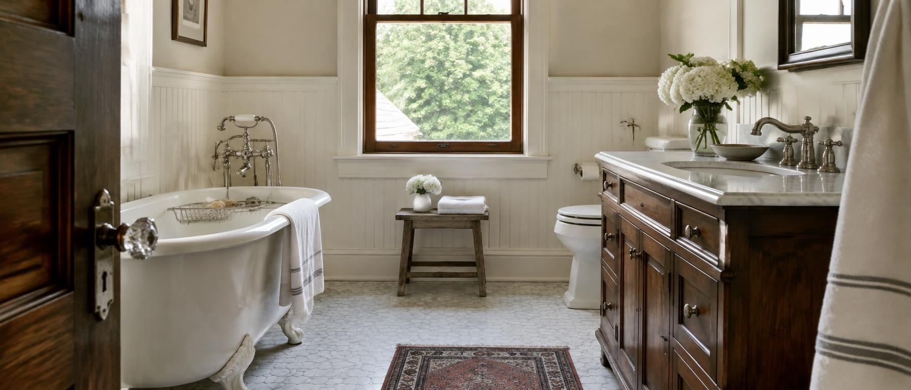 Restored older bathroom with a clawfoot tub, beadboard, and marble hex tile