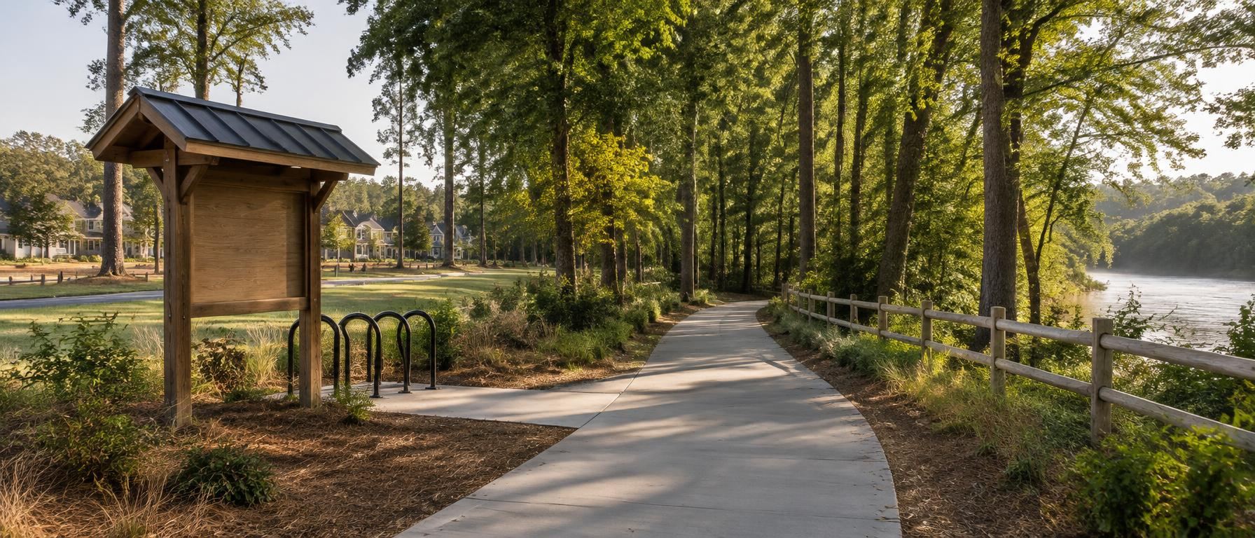 Trailhead kiosk and bike rack where a paved path leaves a neighborhood for riverside woods
