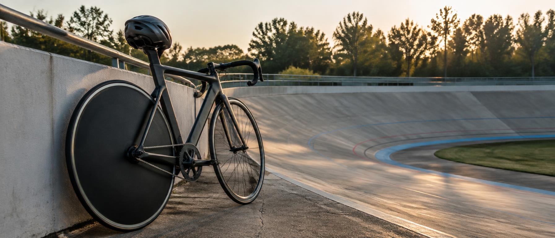 Track bicycle with a disc wheel leaning on the wall of an empty banked velodrome