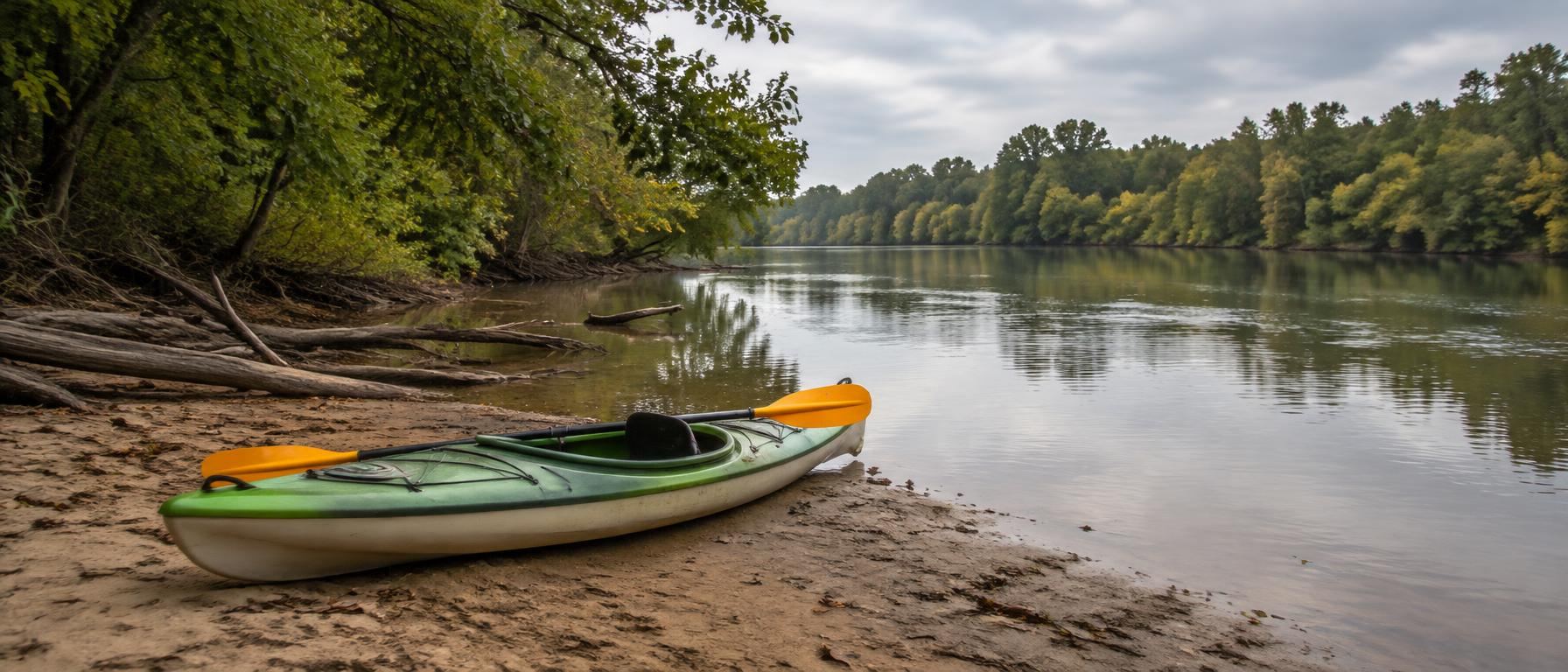 Kayak and paddle resting on a sandy riverbank beside calm water