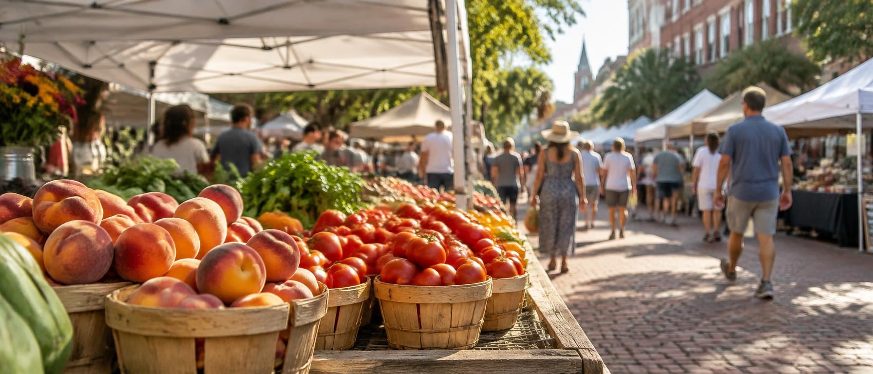 Baskets of peaches and tomatoes at a downtown farmers market under white tents