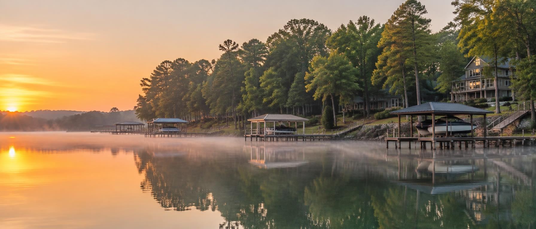 Covered boat docks along a wooded lake shoreline at misty sunrise