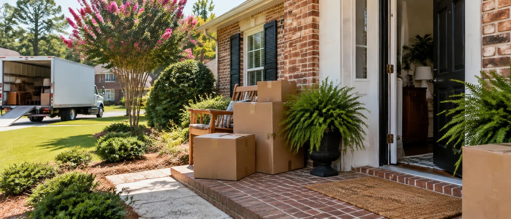 Moving boxes on the brick porch of a ranch house beside a blooming crepe myrtle