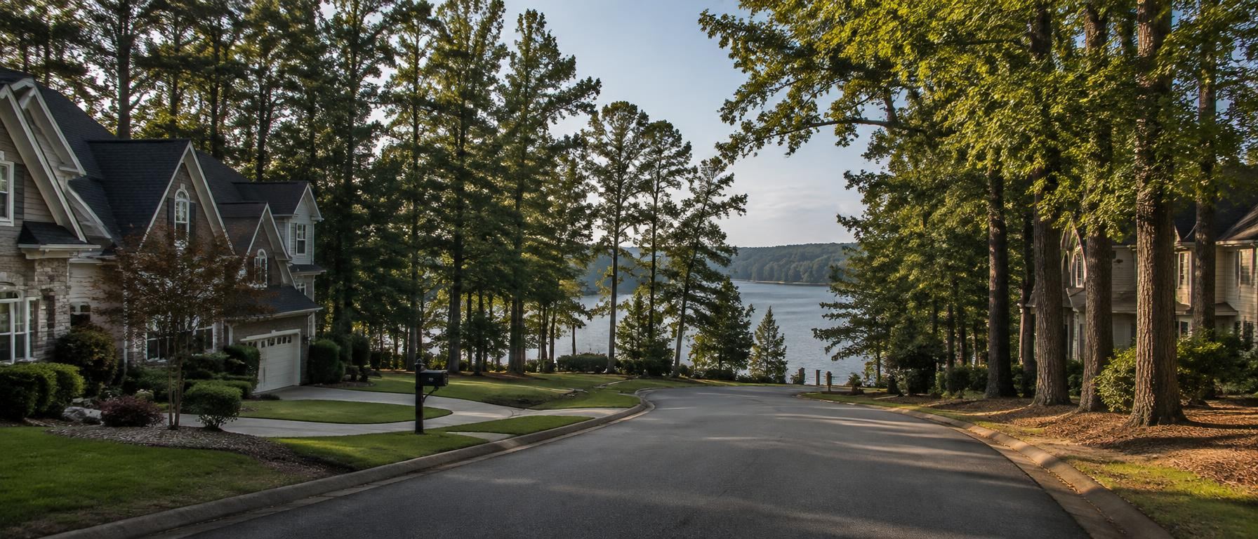 Two-story homes on a wooded street with a lake visible through the pines