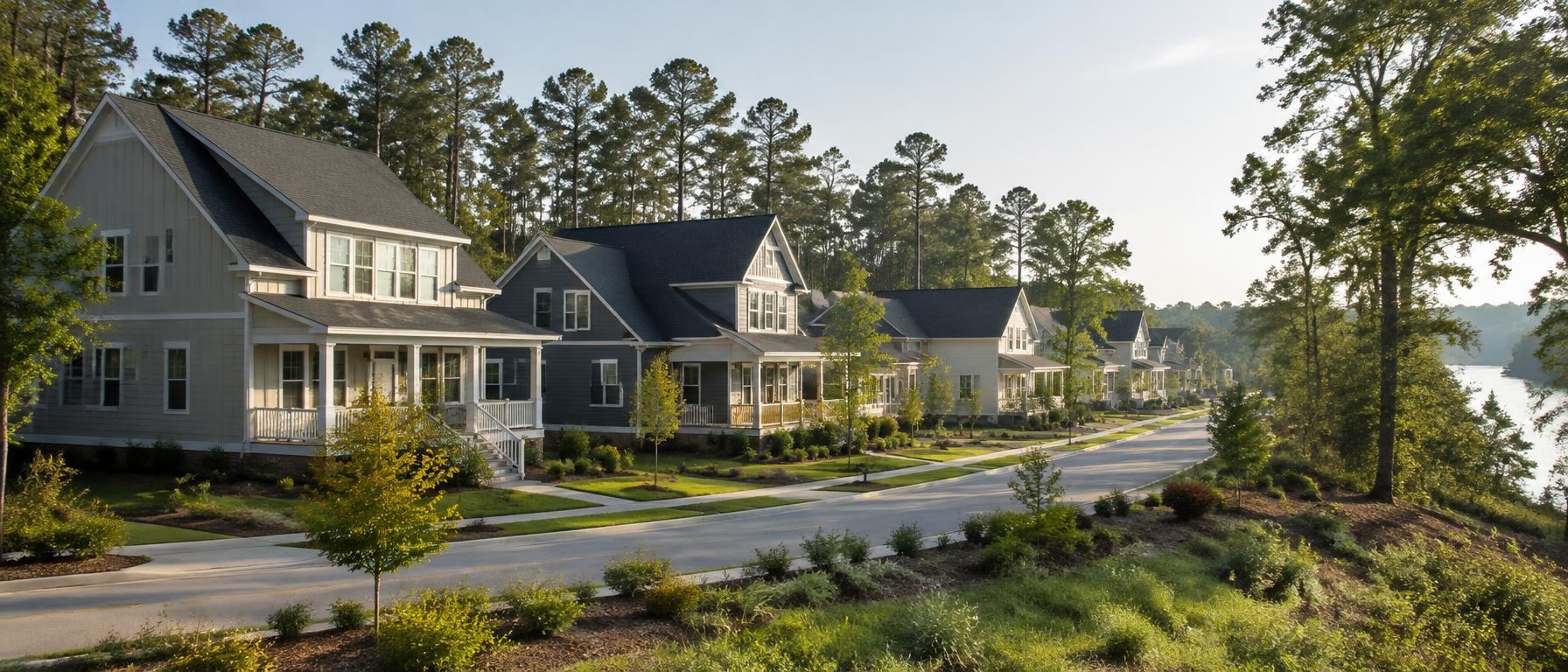 Craftsman-style homes with porches on a curving street beside a wooded river corridor