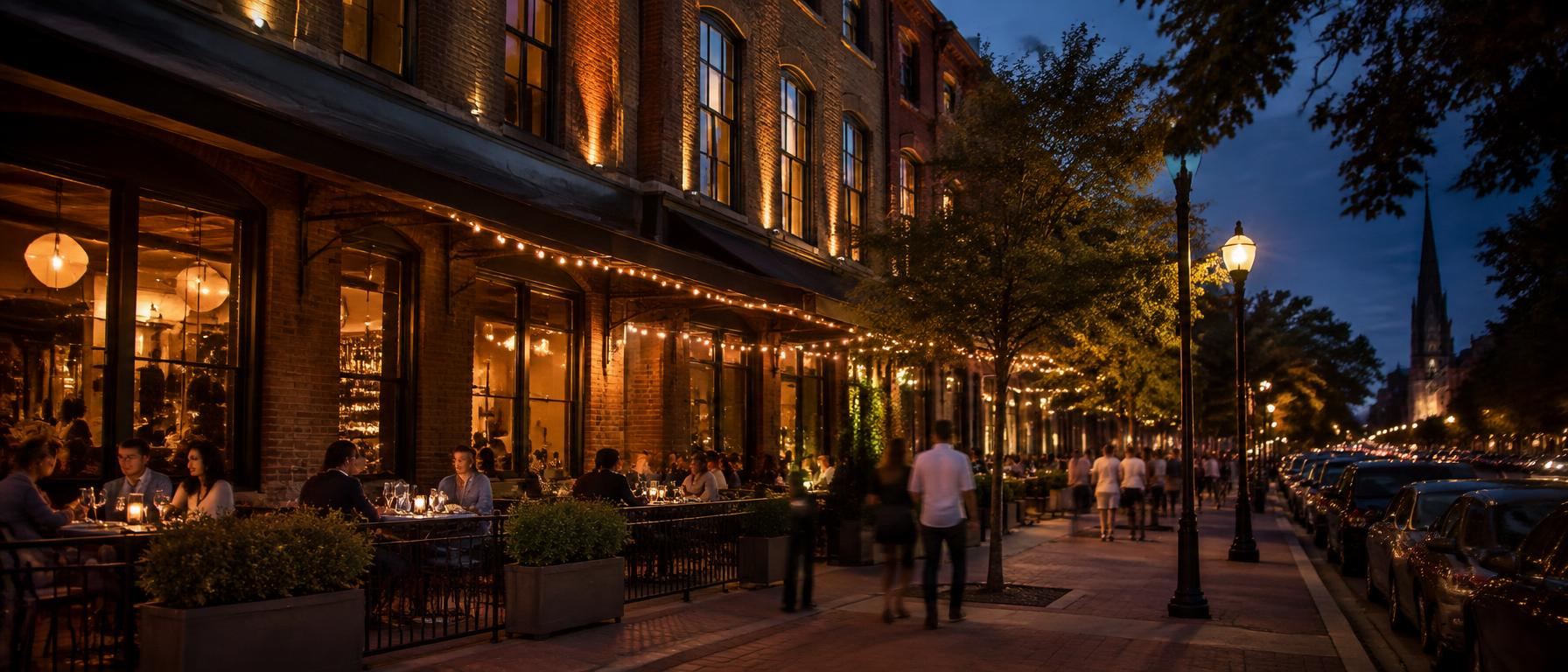 Evening outdoor dining under string lights on a historic brick main street