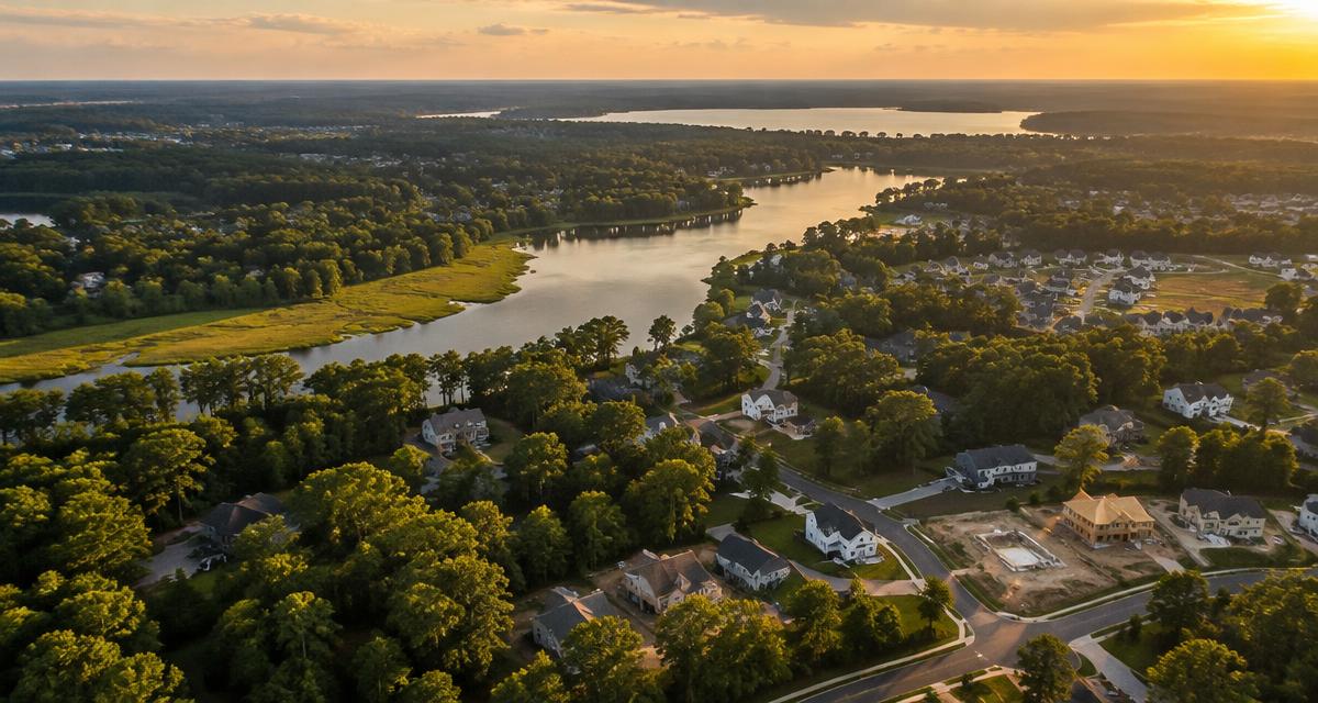 Aerial view at golden hour of wooded neighborhoods, new home construction, a river, and a distant lake