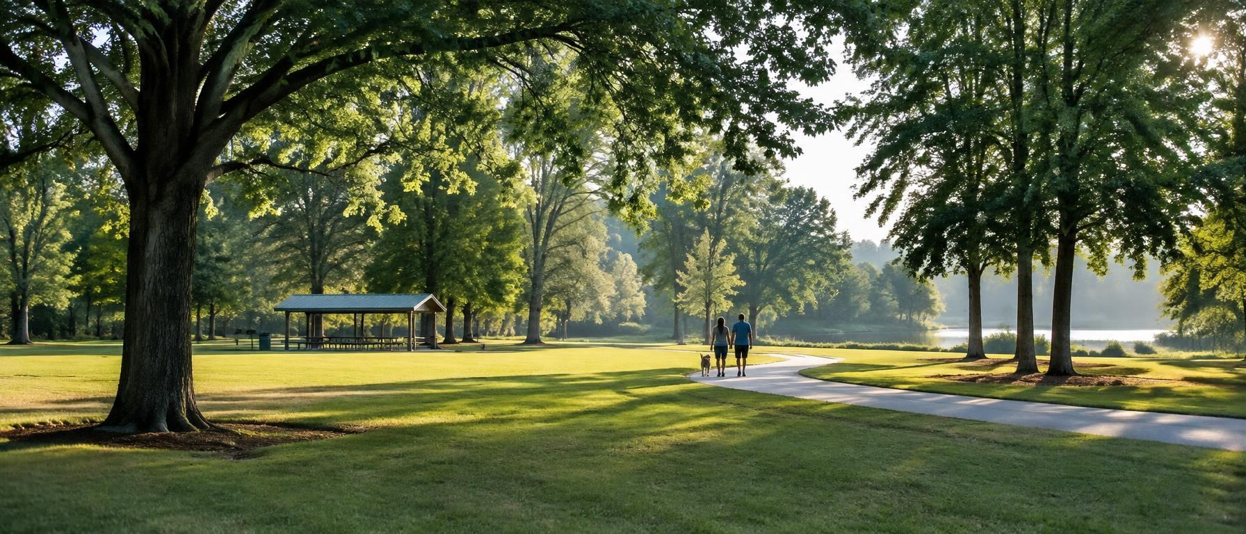 Walkers and a dog on a paved park loop past a picnic shelter and mature trees