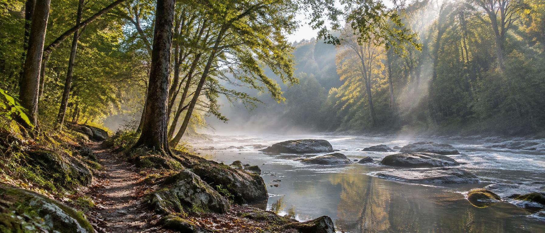 Natural-surface trail beside a misty river with rocky shoals at sunrise