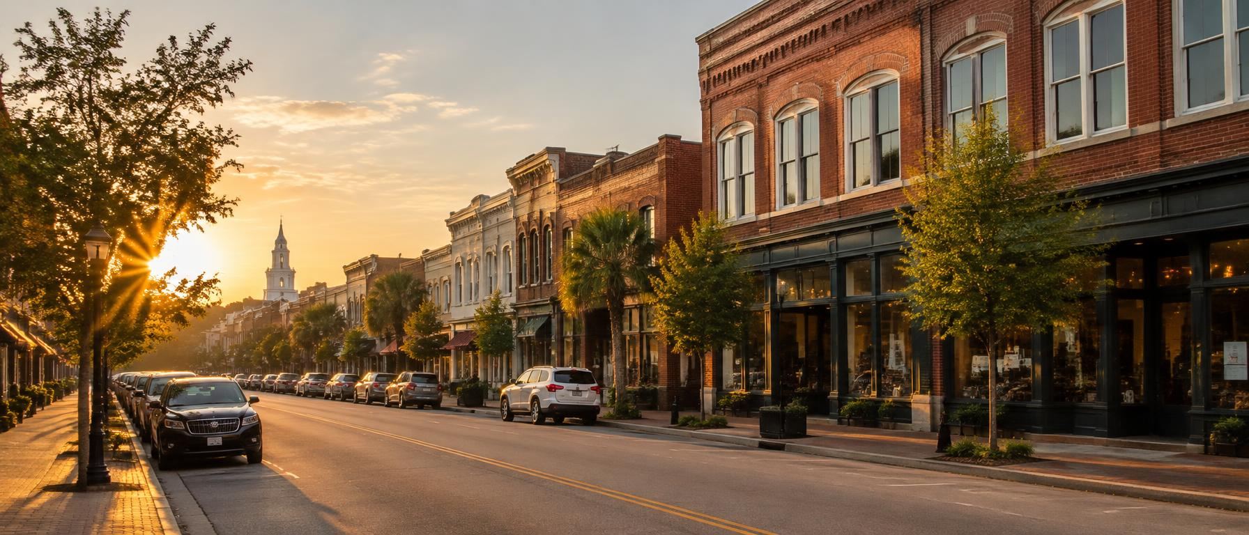 Red brick commercial buildings on a historic South Carolina main street at golden hour