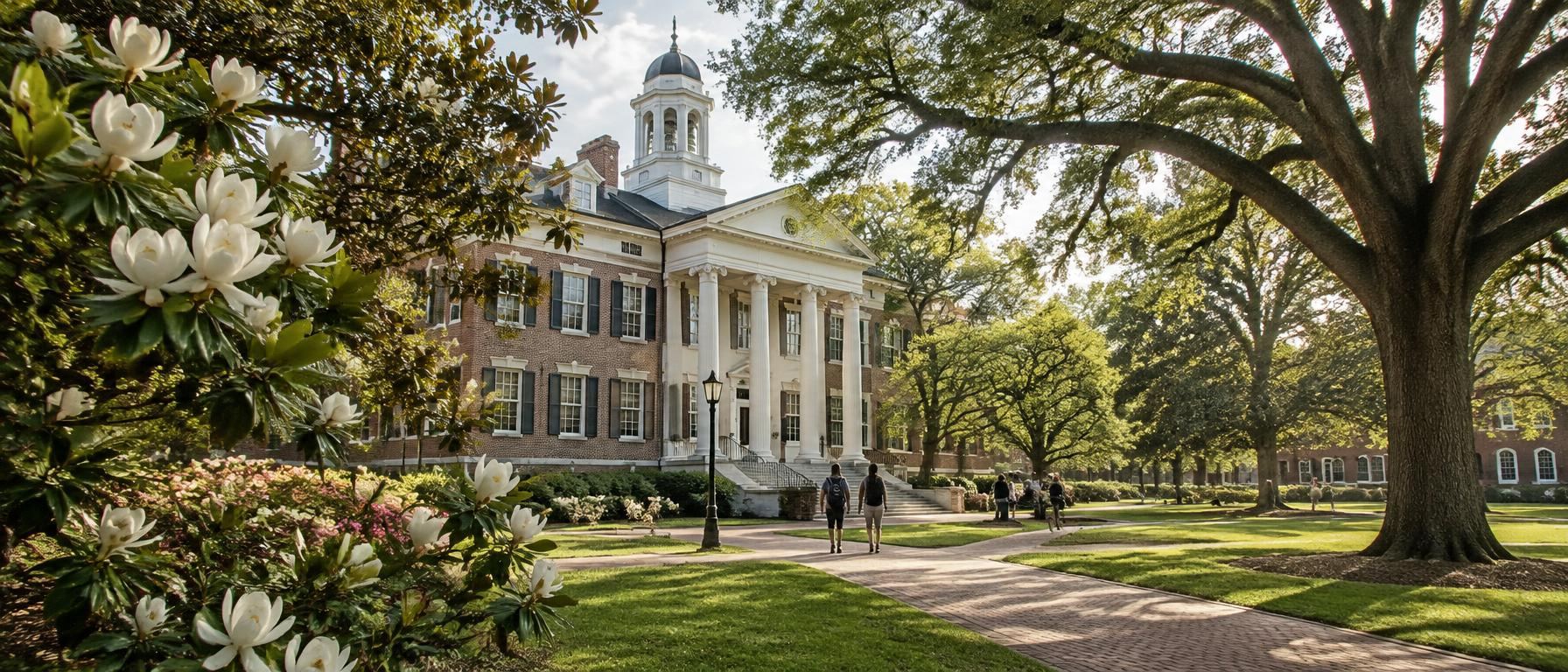 Georgian red brick academic building with white columns behind blooming magnolias